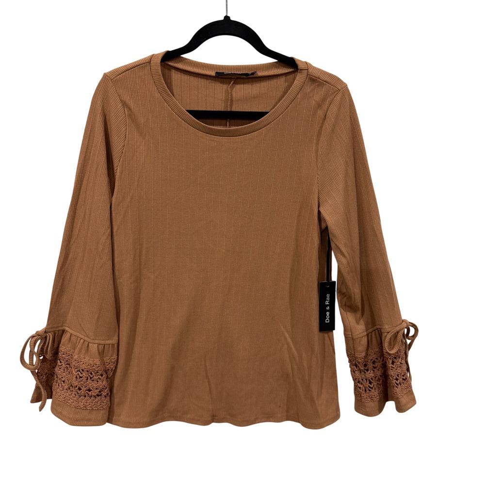 Doe & Rae Camel Brown Ribbed Knit Top Crochet Lace Bell Sleeve Tie Detail M NEW